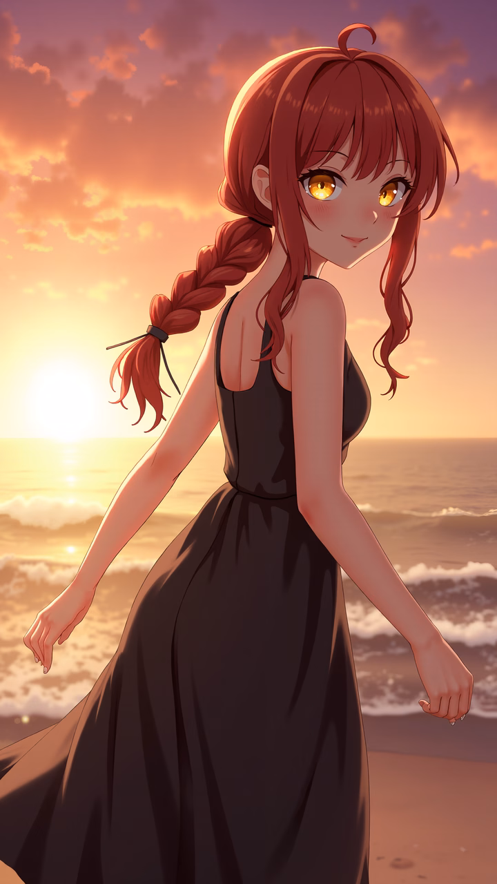 A girl in a black dress on a beach at sunset, evoking peace and tranquility.