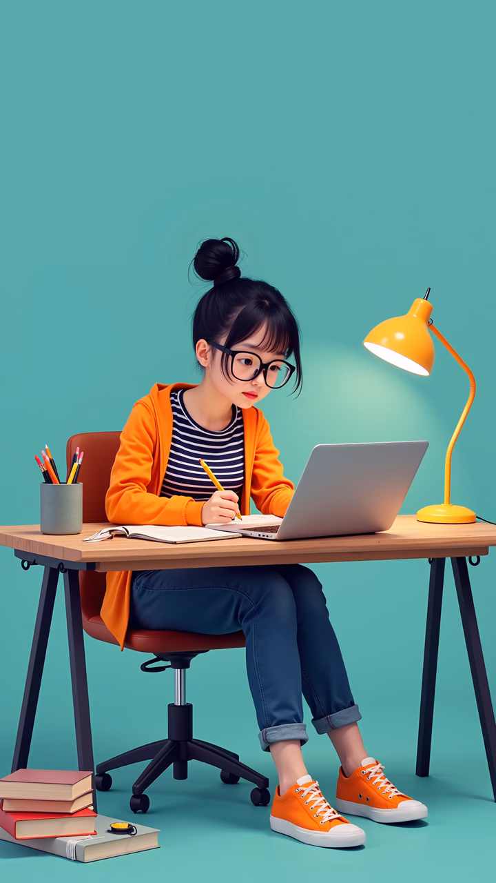 A girl deeply engaged in her studies, surrounded by books and a warm lamp.