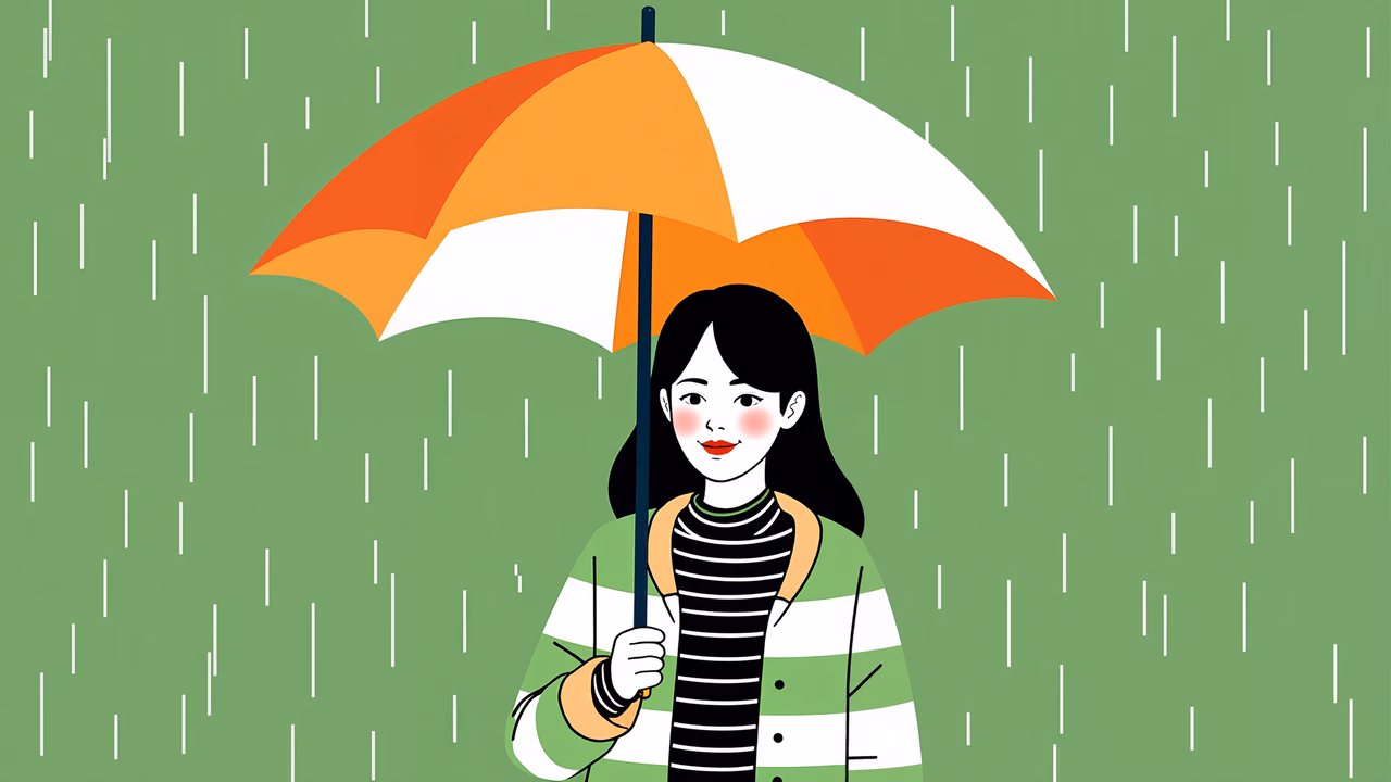 A girl under an umbrella in the rain, wearing a striped sweater, evoking warmth and resilience.