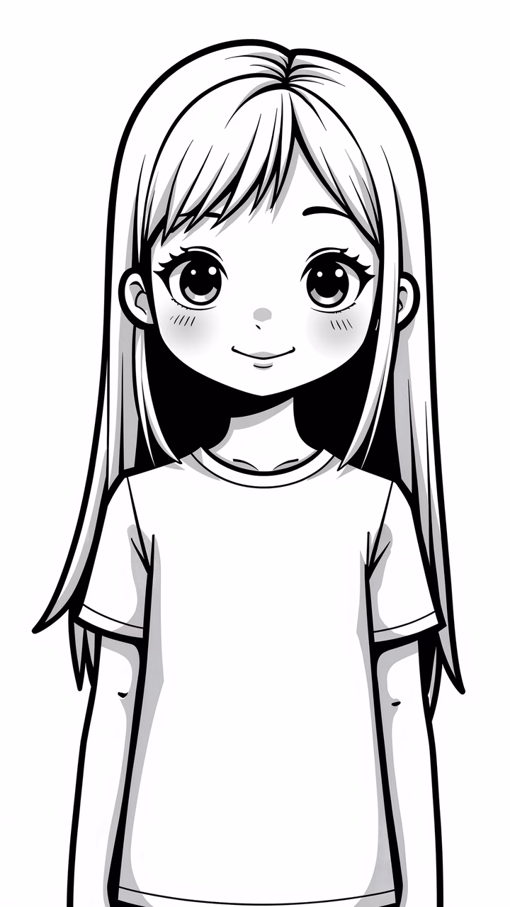Black-and-white illustration of a girl with big eyes, anime style, innocence, simplicity