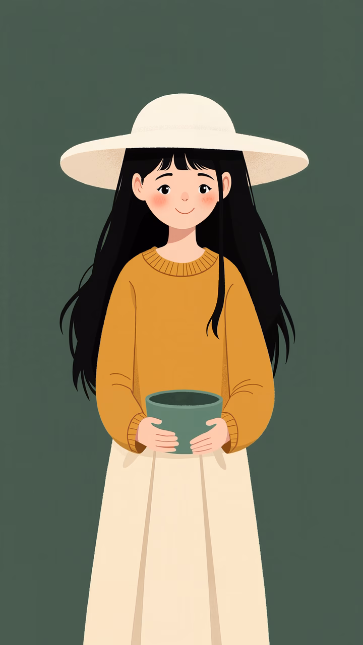 A girl in a hat holding a cup, evoking a cozy feeling.