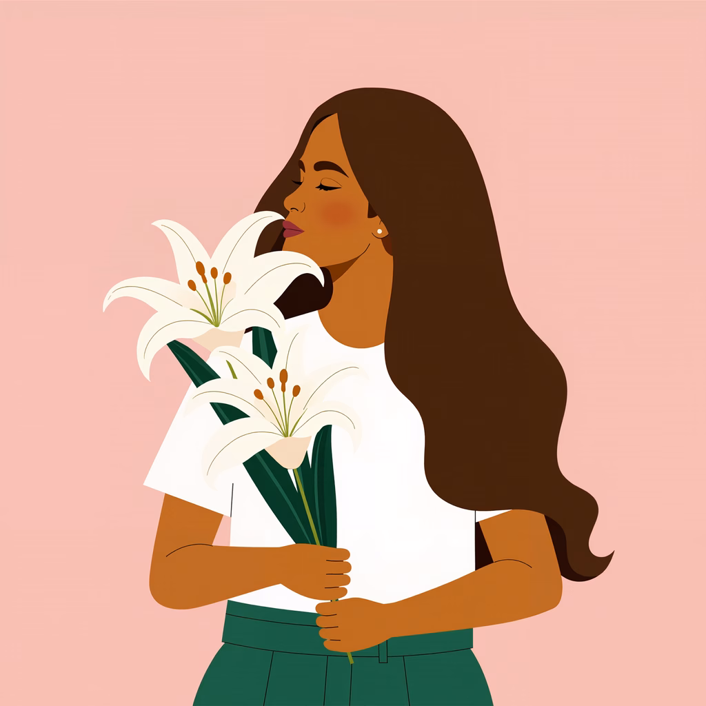 A peaceful illustration of a girl holding lilies against a soft pink backdrop.