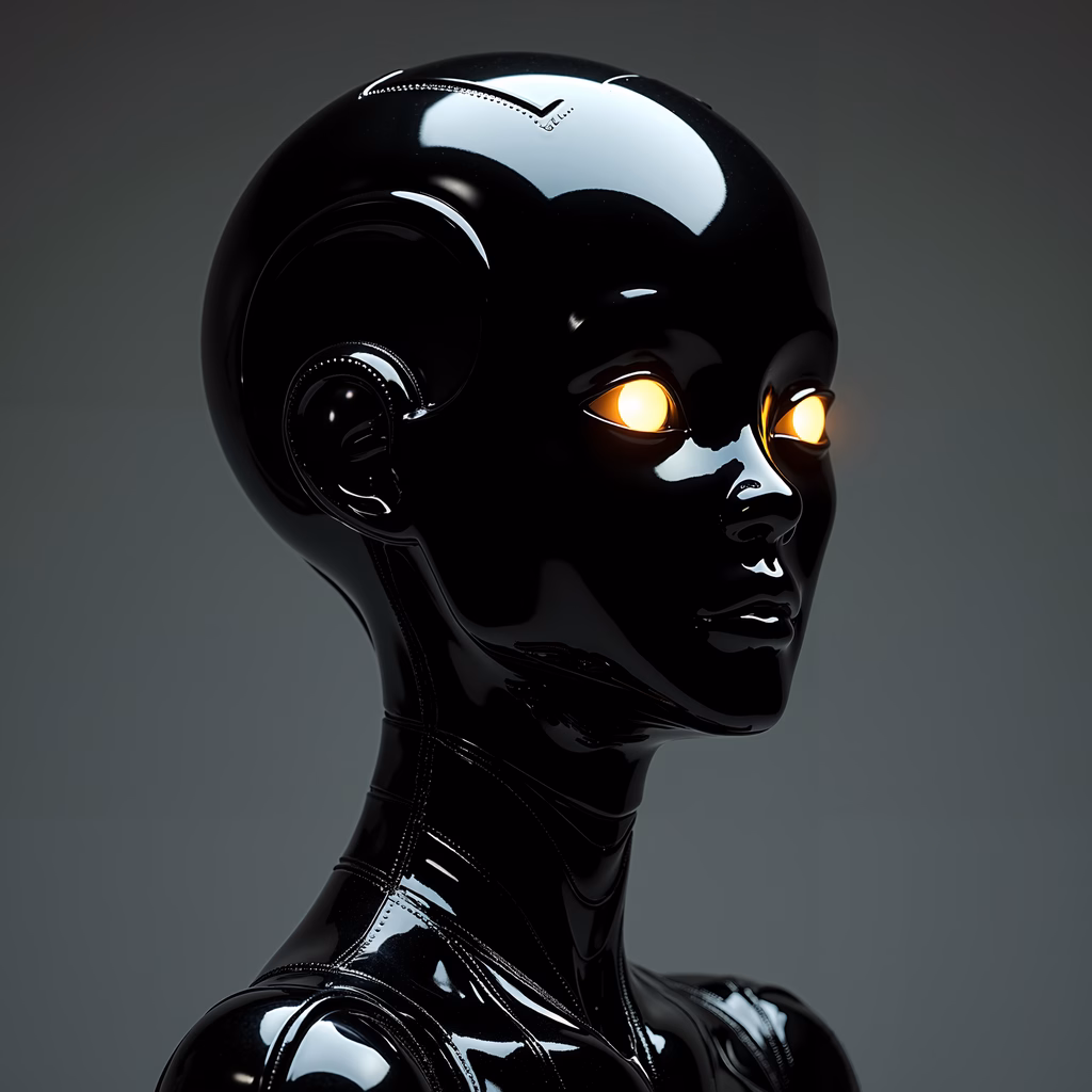Glossy, black robot head with glowing amber eyes, futuristic sci-fi art