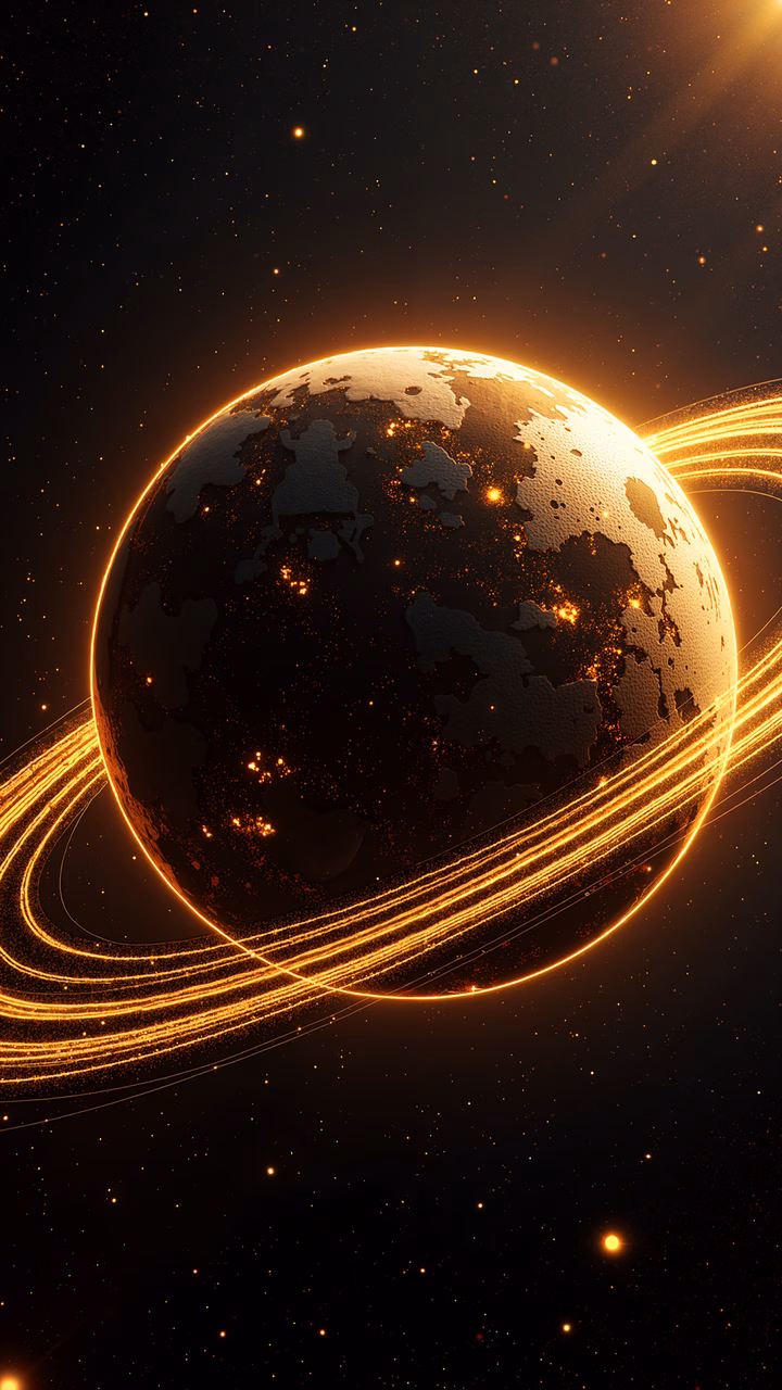 A stunning illustration of a glowing planet with radiant rings and a dark starry background.