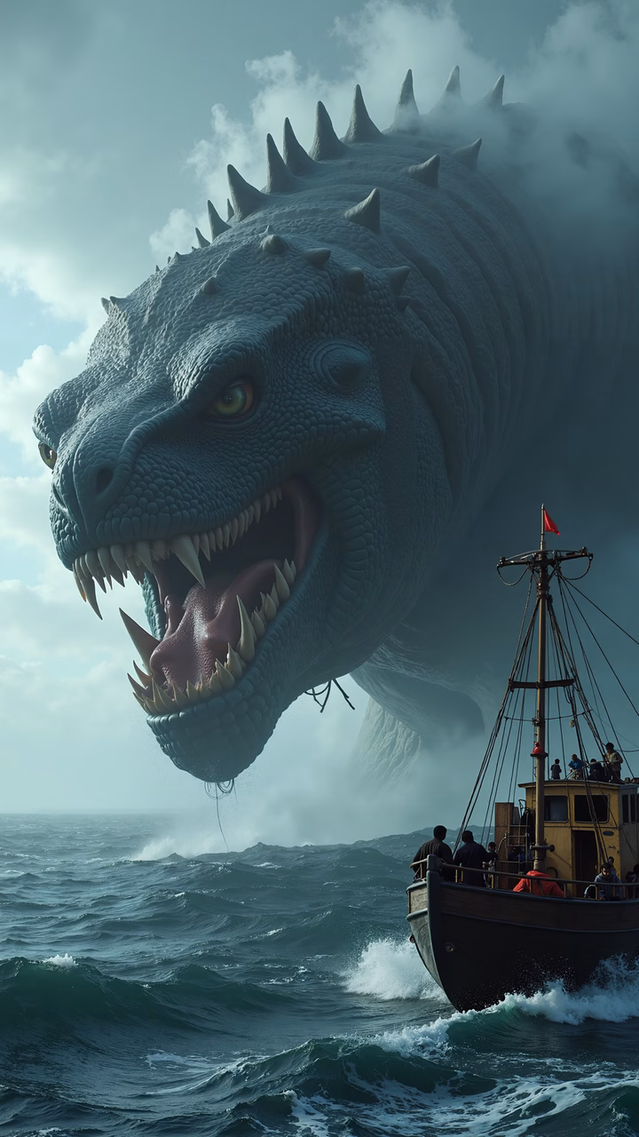 Godzilla looms over a small ship in a stormy sea, ready to attack.