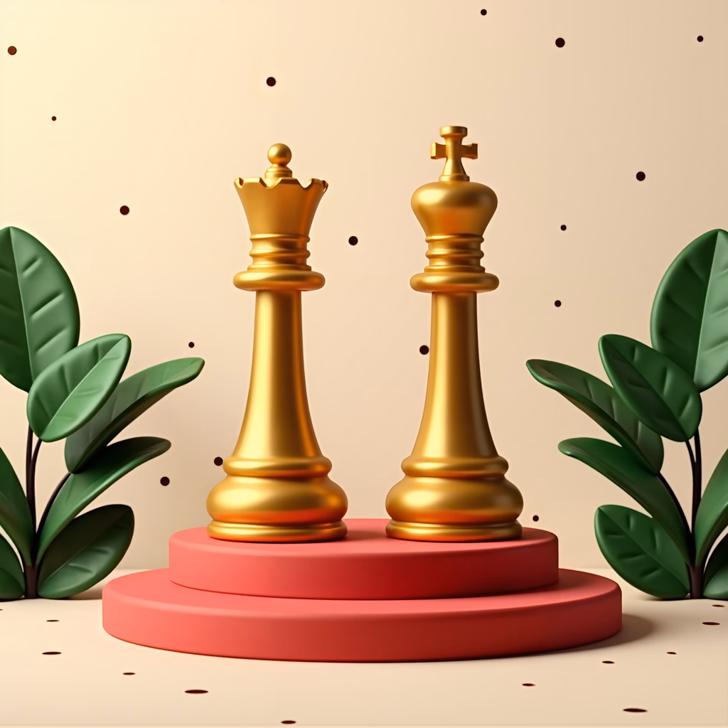 Golden chess pieces on a red pedestal with green plants and a minimalist background.