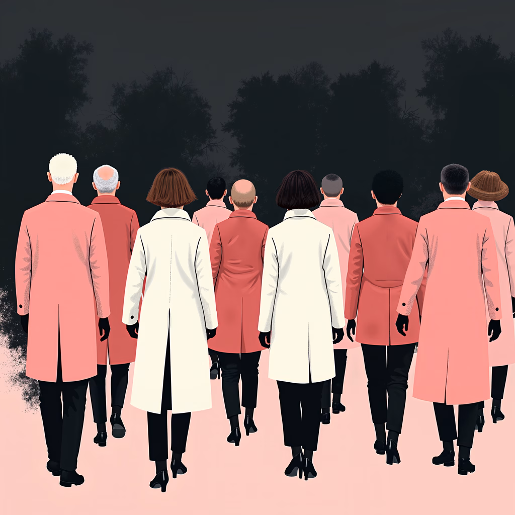 A minimalist illustration of figures in pink coats walking into a dark forest.