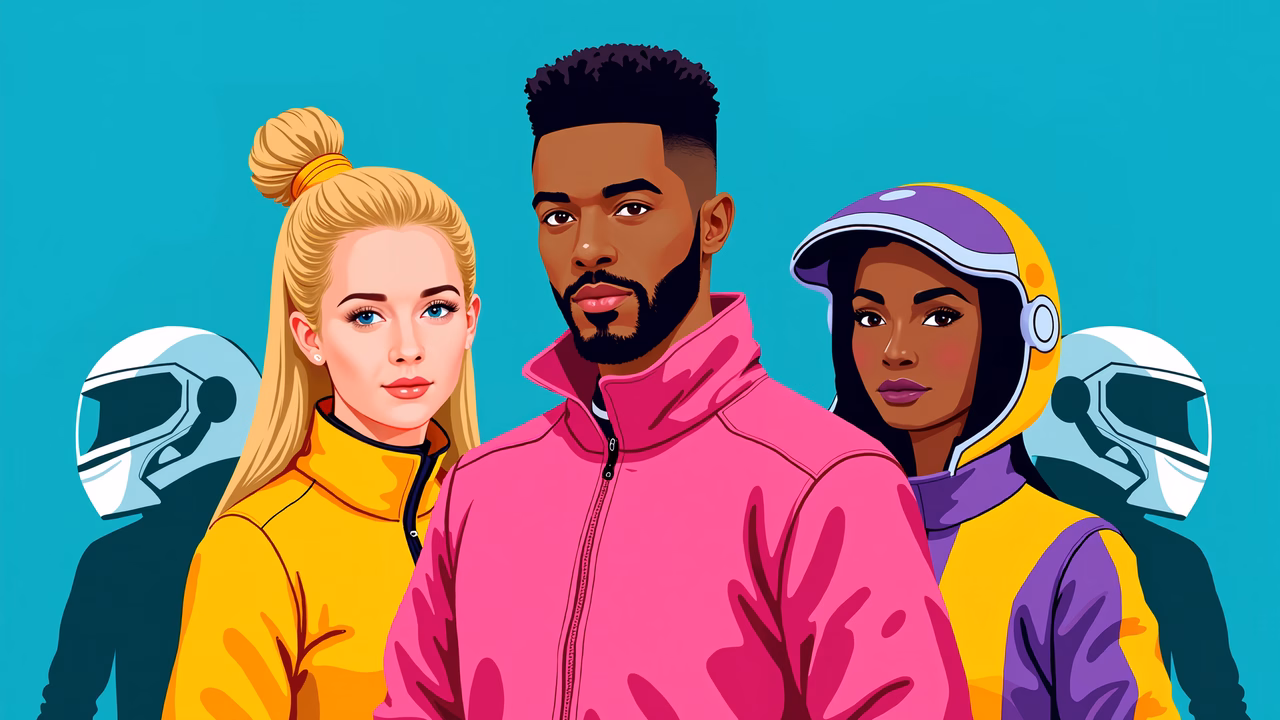 A colorful group portrait illustration featuring three individuals in vibrant clothing and accessories.