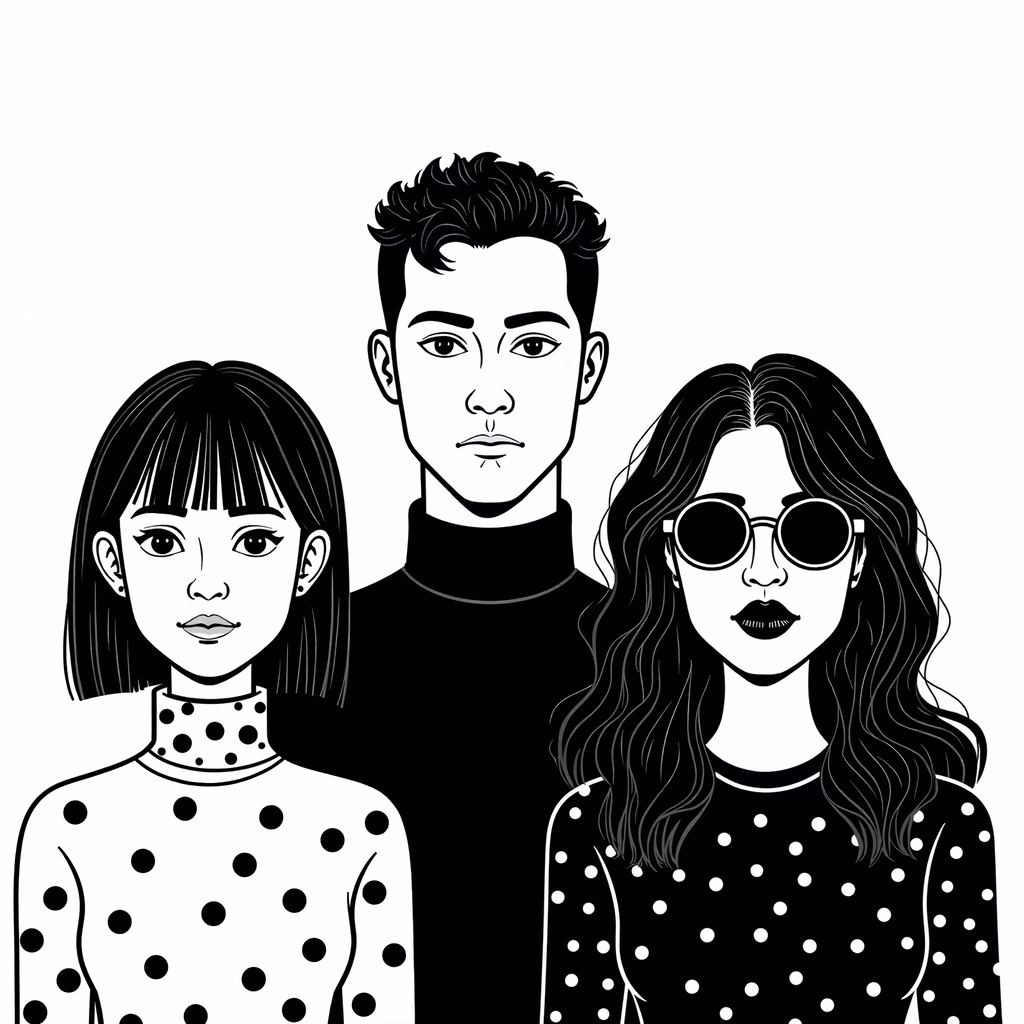 Black-and-white portrait of three individuals in polka-dotted tops, standing side by side against a plain background.