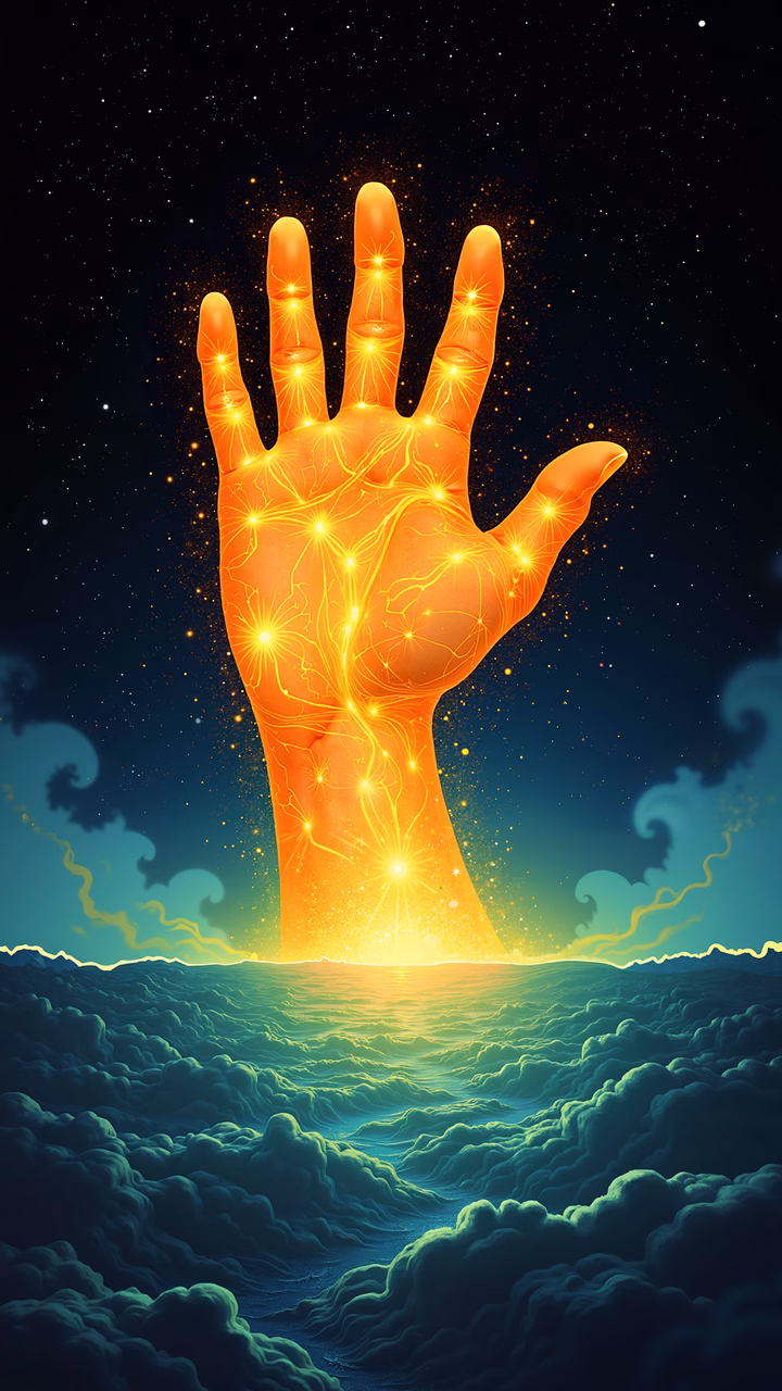 Glowing hand rising from a sea of clouds, set against a starry night sky.