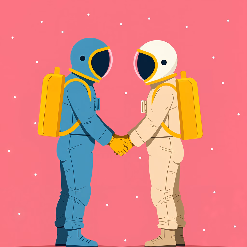 Astronauts shaking hands in space, symbolizing unity and exploration.