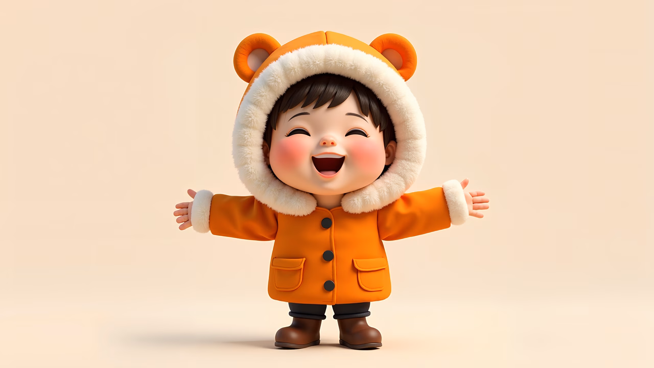 A happy child in a bear coat, exuding warmth and joy.