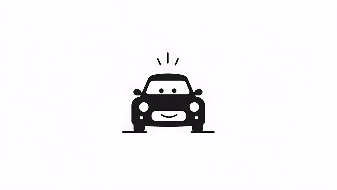 A happy, smiling car with headlights resembling eyes, set against a white background.