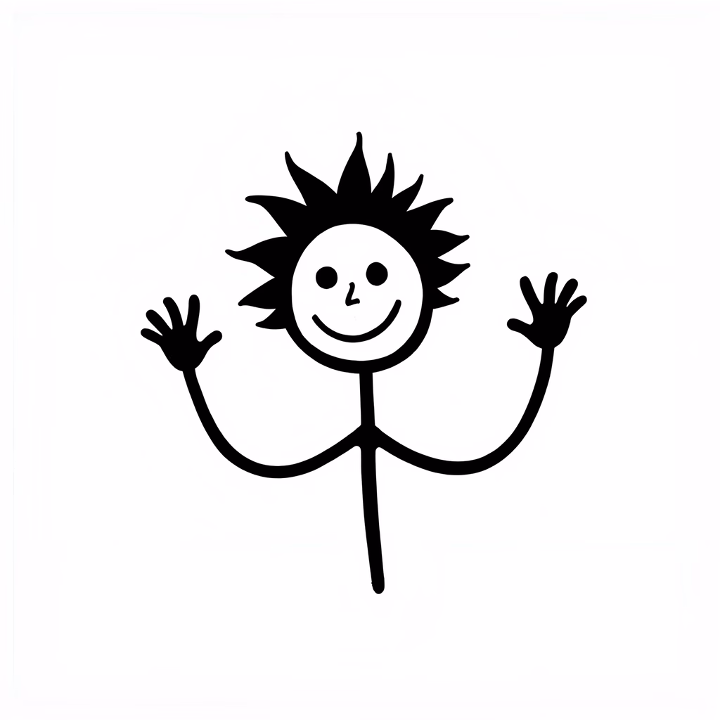 A joyful stick figure with spiky hair and open arms, symbolizing happiness and playfulness.