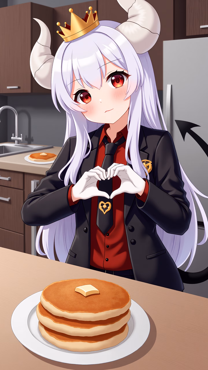 A character making a heart with pancakes in the background.