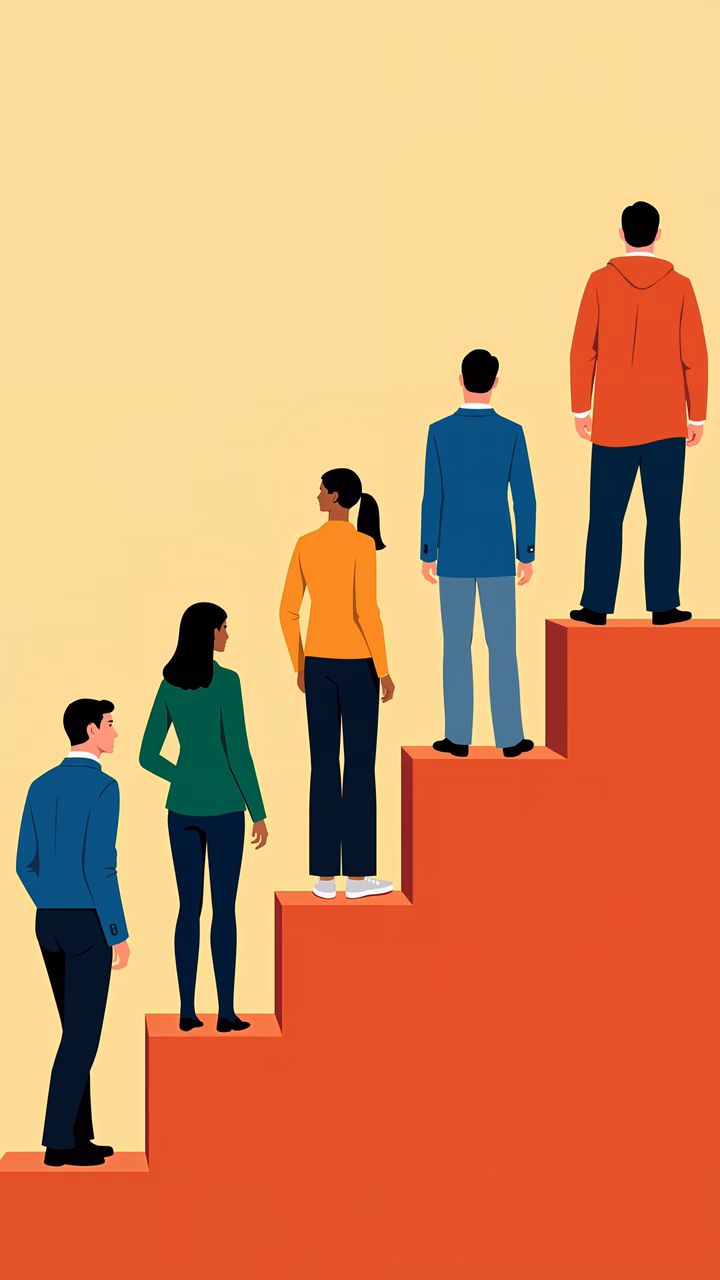 Hierarchical social structure depicted through ascending steps and muted colors.