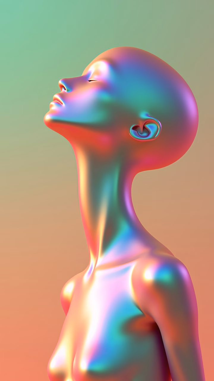 A holographic woman with a serene expression, blending art and technology.
