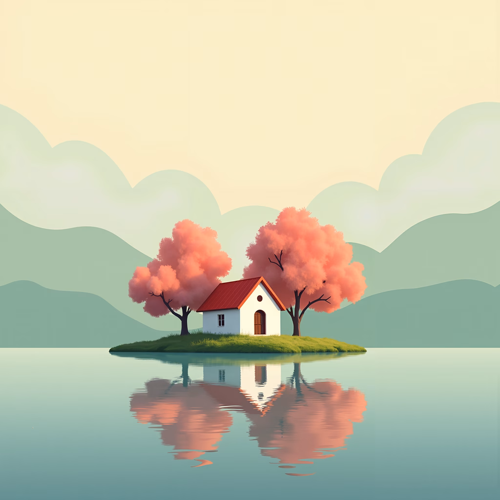 A peaceful island retreat with a small house and vibrant trees reflected in calm waters.