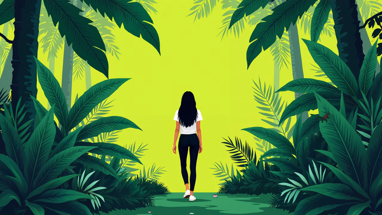 Solitary figure amidst lush tropical jungle in vibrant green hues.