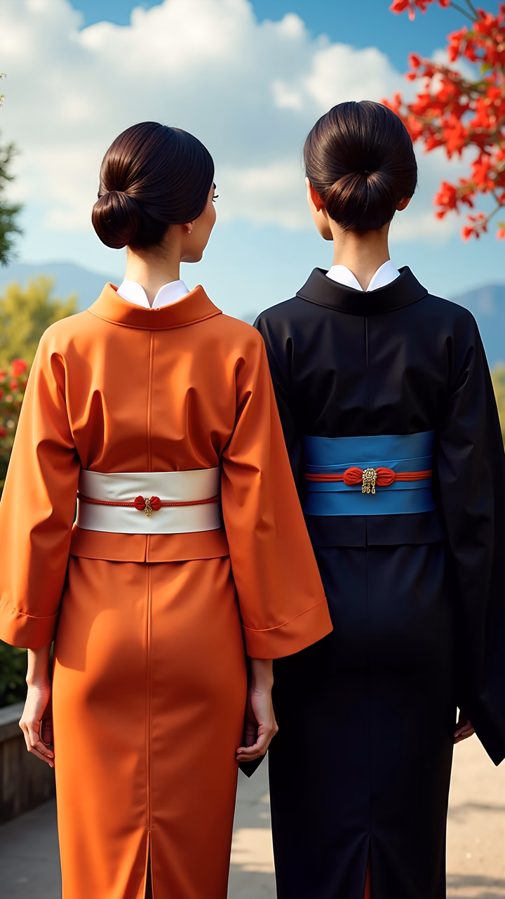 Two elegantly dressed individuals in traditional Japanese kimonos, standing amidst nature under a clear sky.