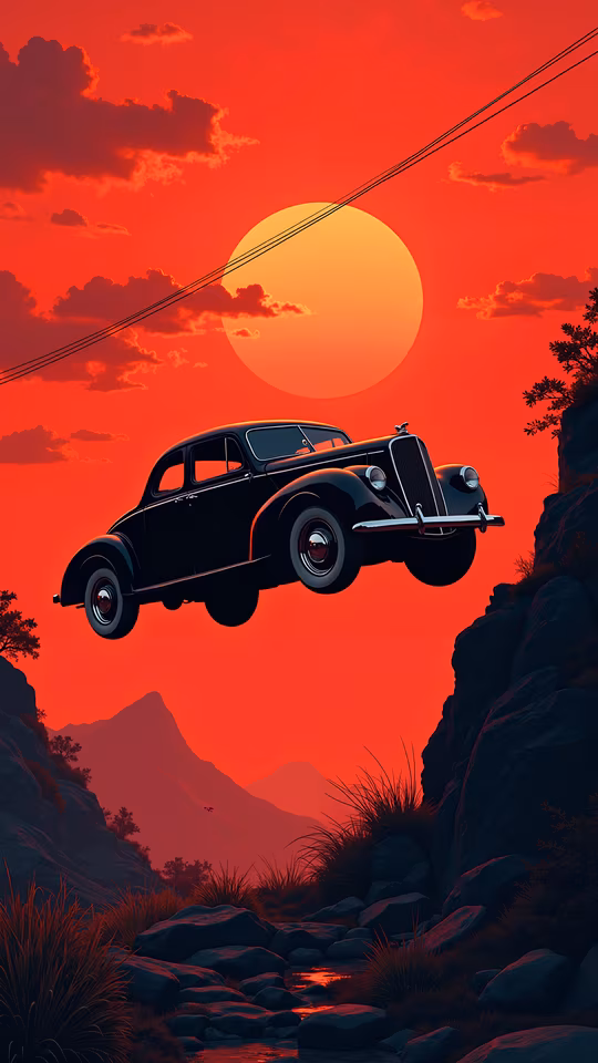 Leaping Car Sunset Illustration