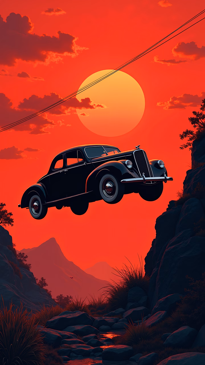 Vintage car leaping into the sunset, blending reality and fantasy.