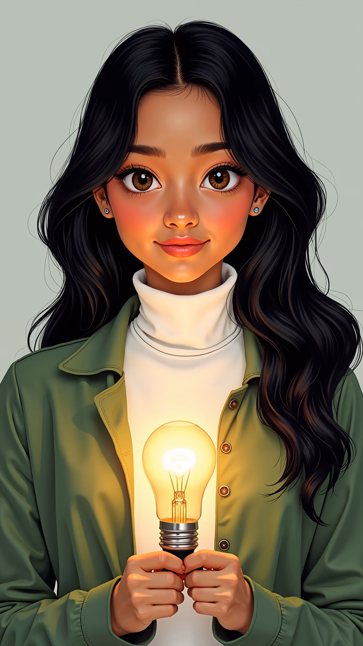 A young woman holding a glowing light bulb, symbolizing creativity and innovation.