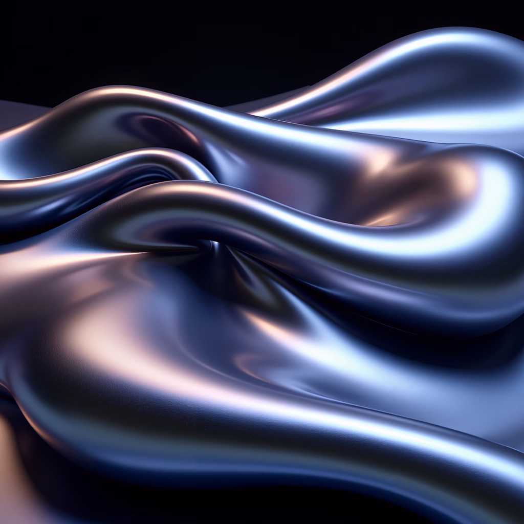 Abstract illustration of liquid metal with dynamic curves and reflective surfaces.