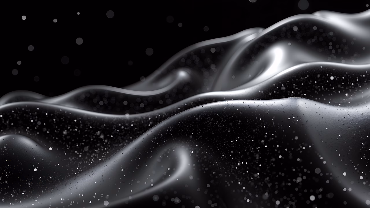 Abstract illustration of liquid waves reflecting light on a black background.
