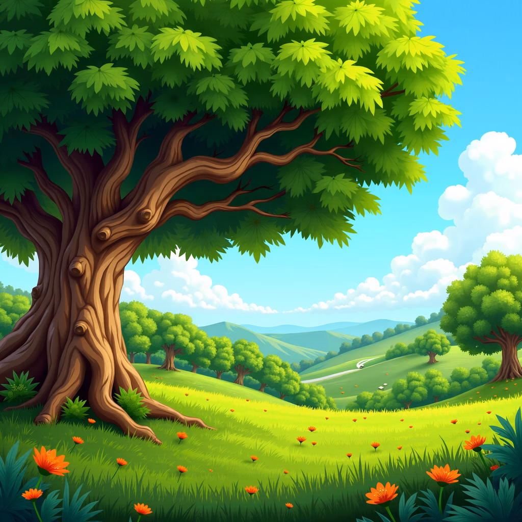 A tranquil illustration of a lush green landscape with a large tree and rolling hills under a bright blue sky.