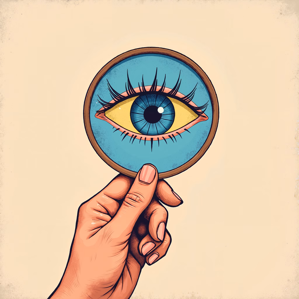 Detailed magnifying eye illustration, exploring curiosity and introspection.
