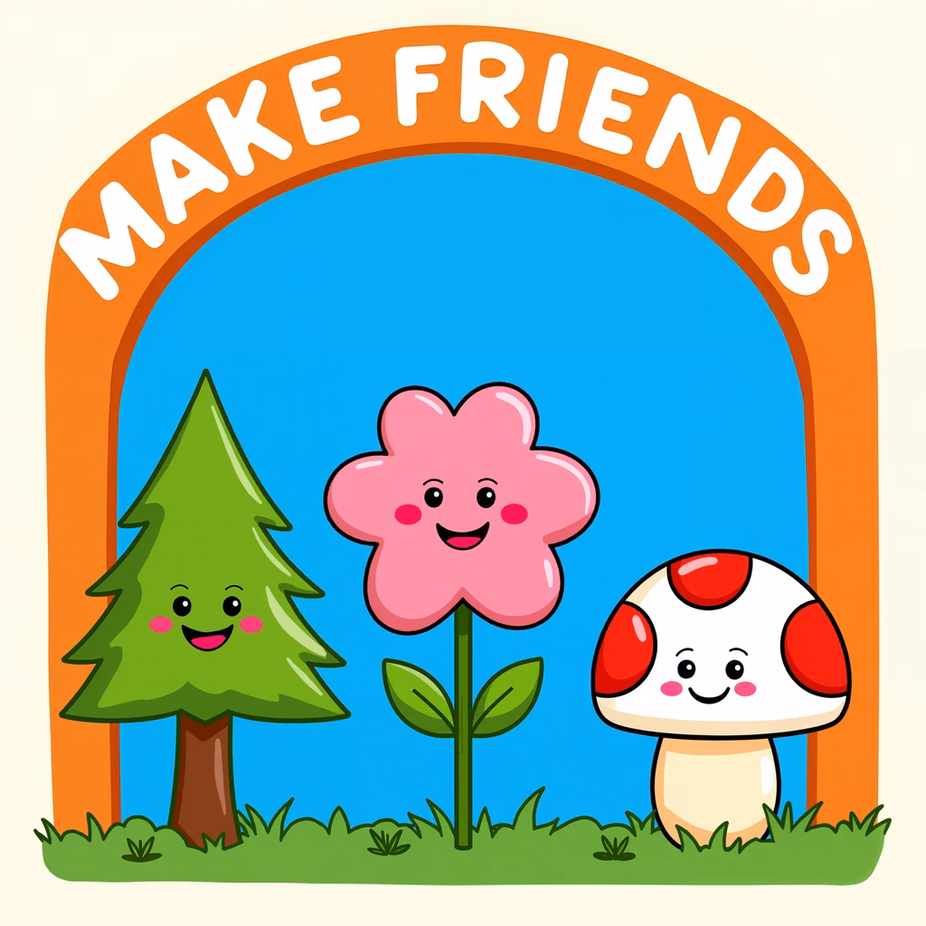 Cute cartoon characters promoting friendship in a bright, colorful setting.
