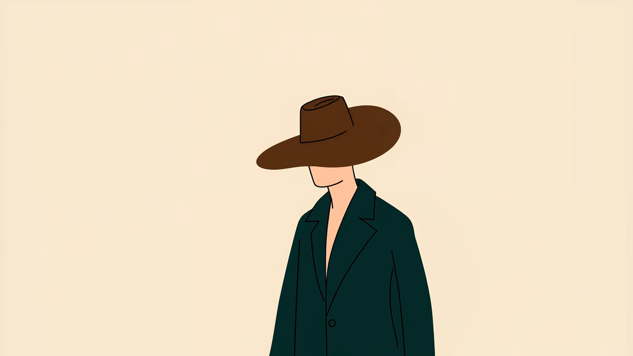Minimalist illustration of a man in a hat and coat, evoking calmness and introspection.