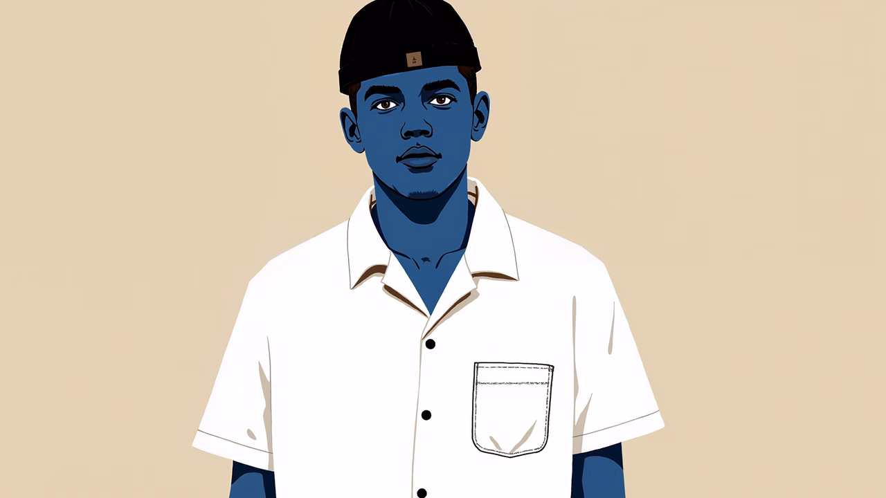 Minimalist portrait of a man in a white shirt, wearing a black cap, set against a neutral background.