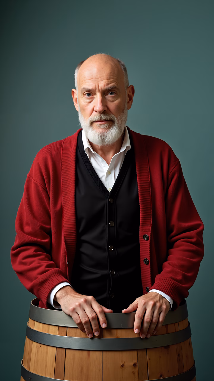 Confident portrait of a man in a red sweater against a teal background.