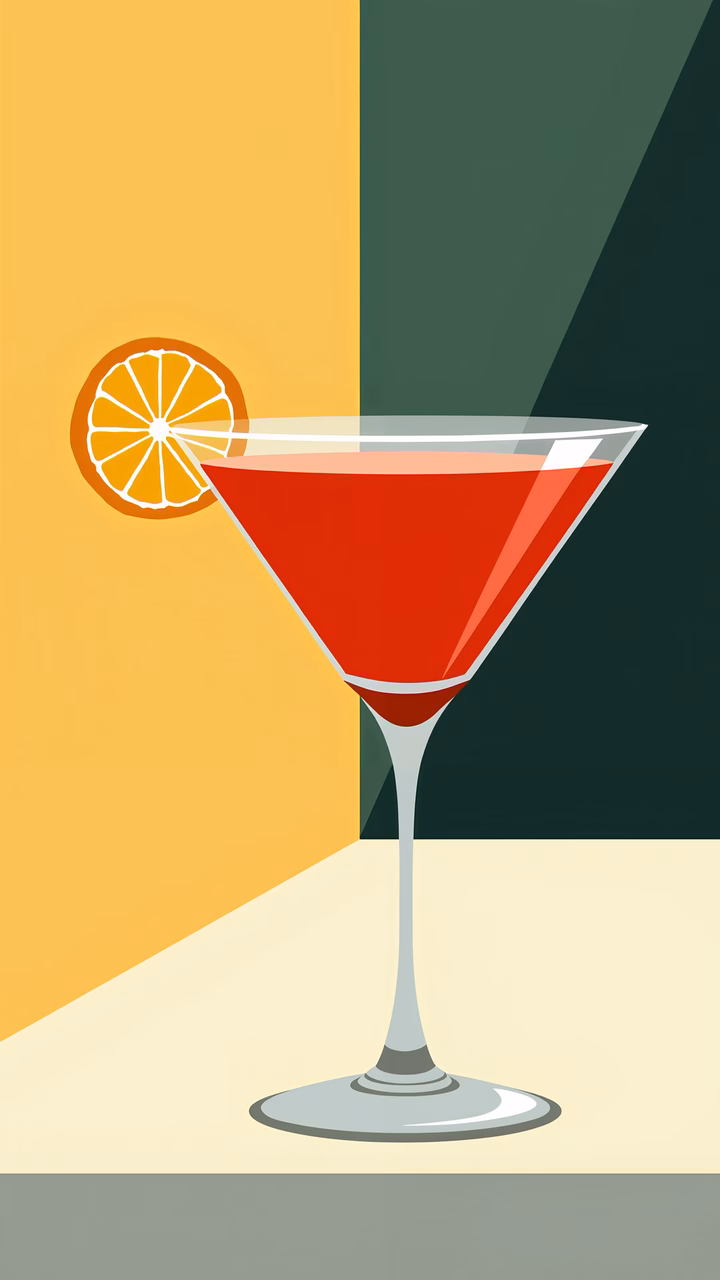 Vibrant illustration of a martini with an orange slice, set against a contrasting background.