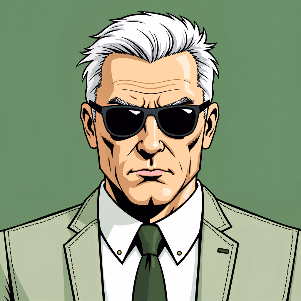 A sophisticated mature man in sunglasses and a green jacket, rendered in a contemporary illustration style.
