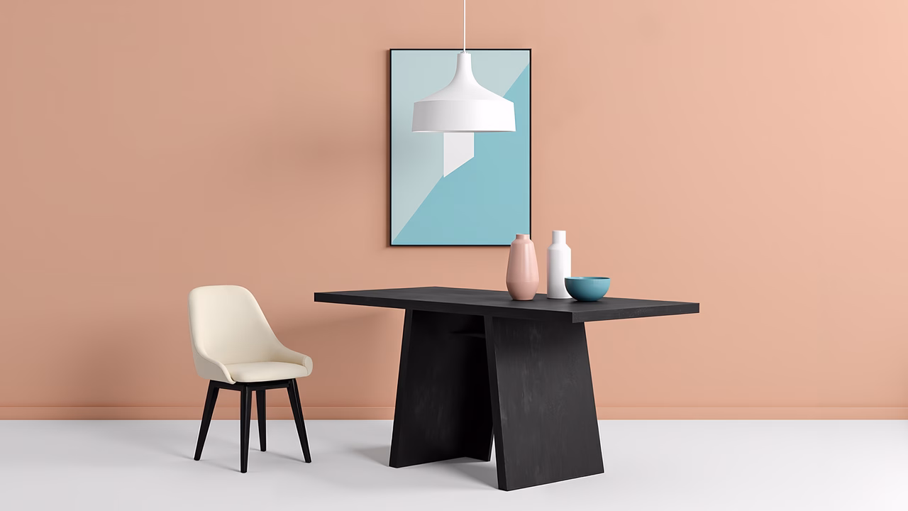 Modern minimalist dining setup with abstract art and simple decor.