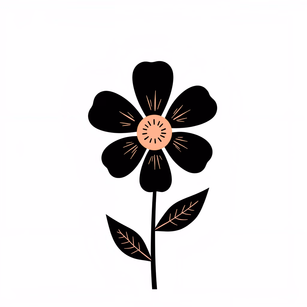 Bold black petals with a peach center on a white background, minimalist art.