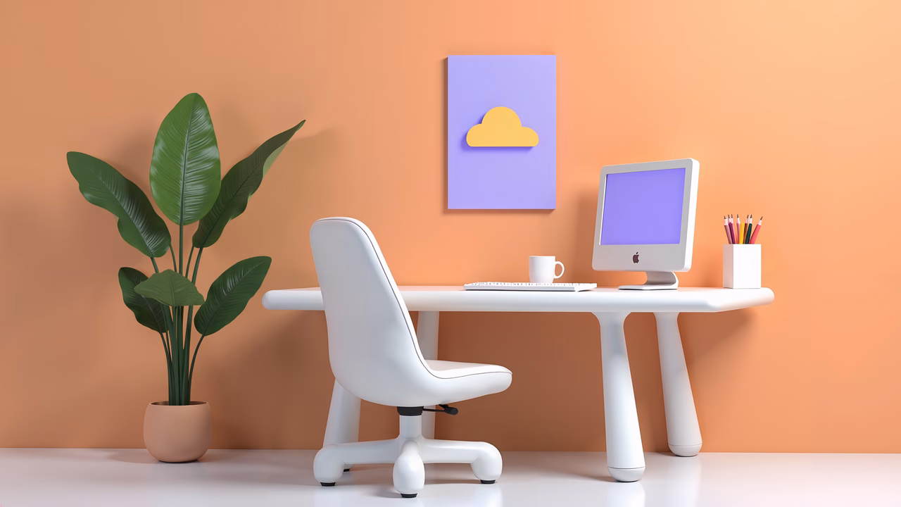 A serene and stylish workspace with a white desk, a cheerful cloud painting, and a green plant.
