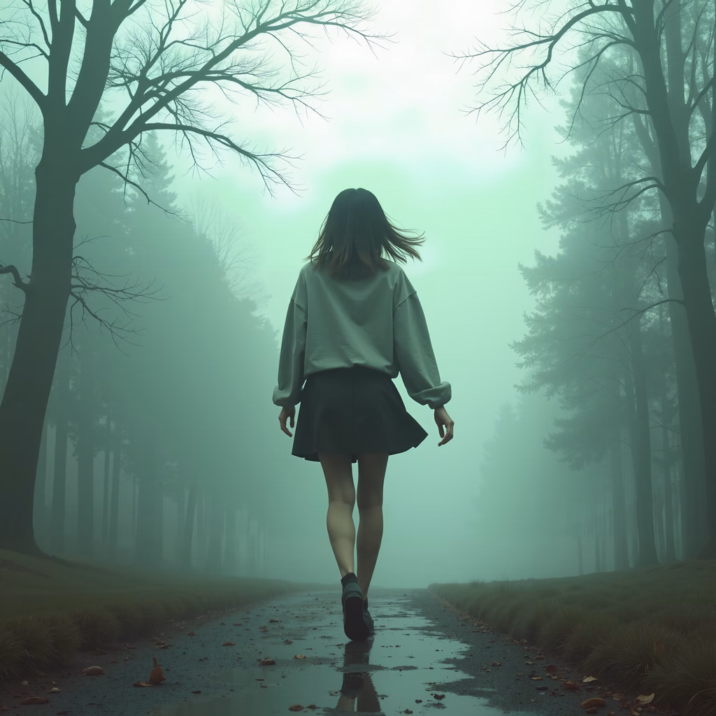 Solitude in a misty forest path, ethereal green tones, introspective journey.