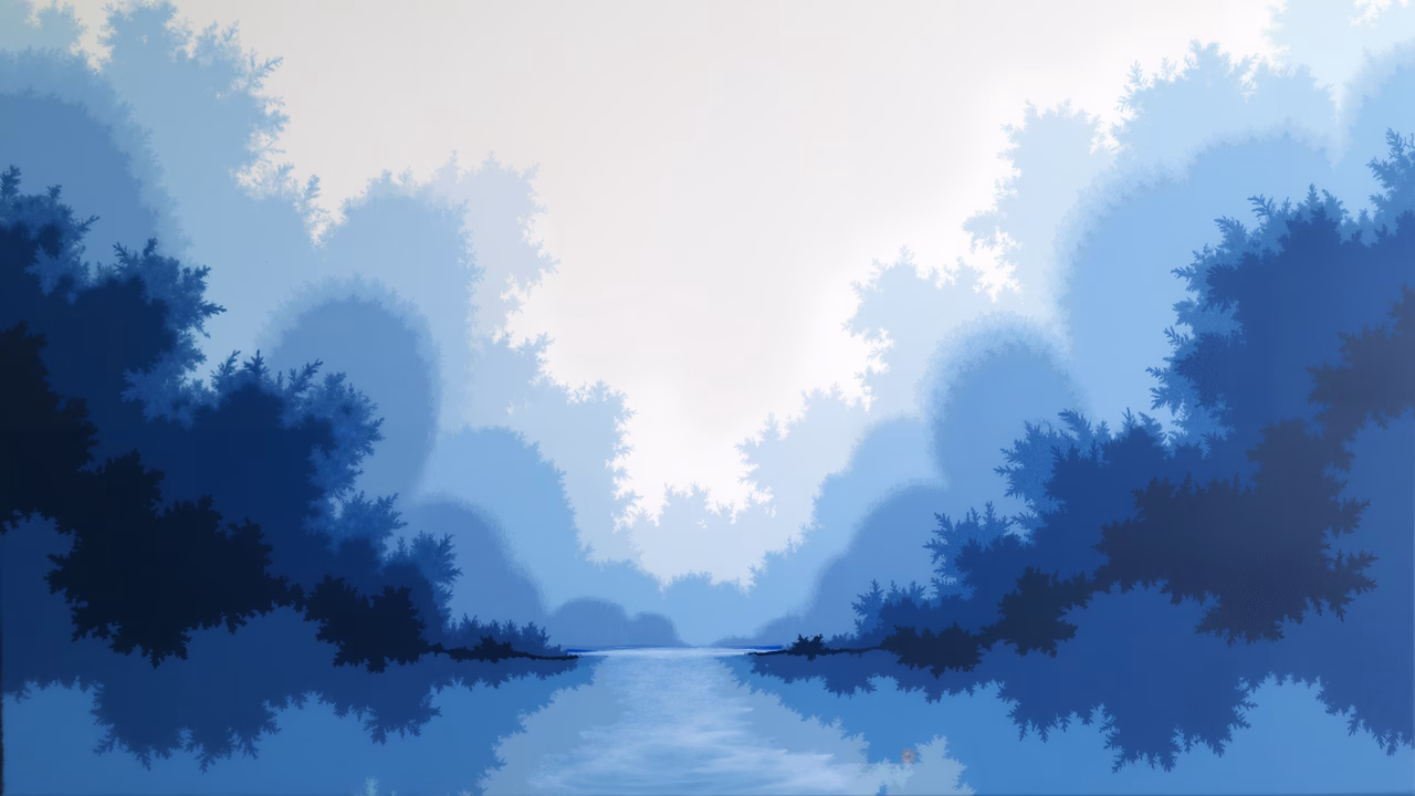 Minimalist misty river scene with dense foliage and soft light, evoking tranquility.