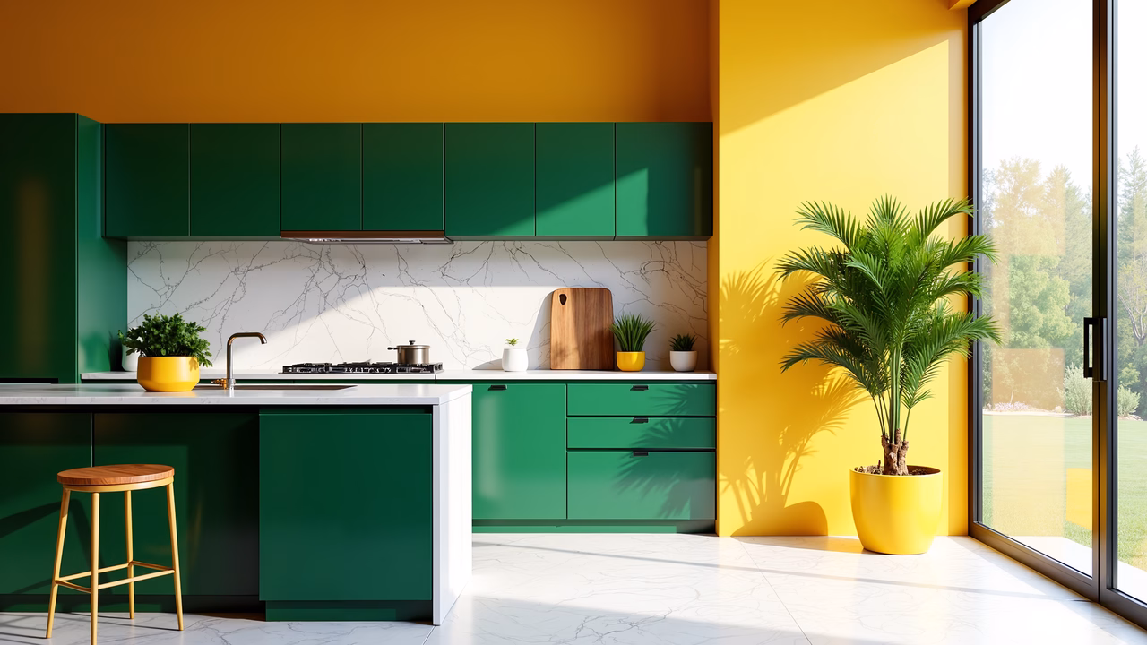 Bold colors and sleek design in a contemporary kitchen setting.