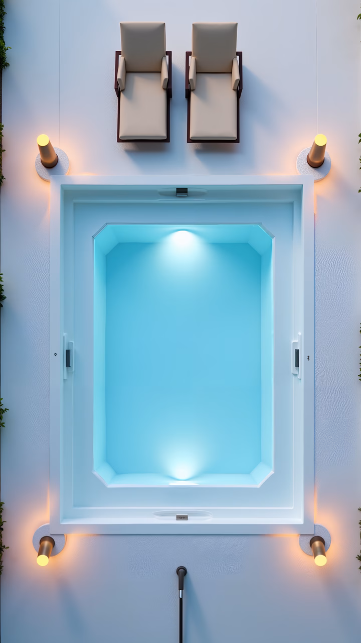 Minimalist modern pool design with lounge chairs and warm lighting.