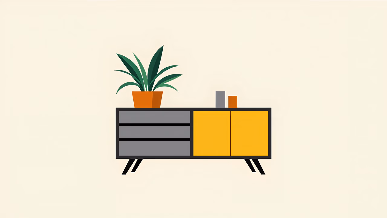 Minimalist modern sideboard with contrasting colors and subtle decor.