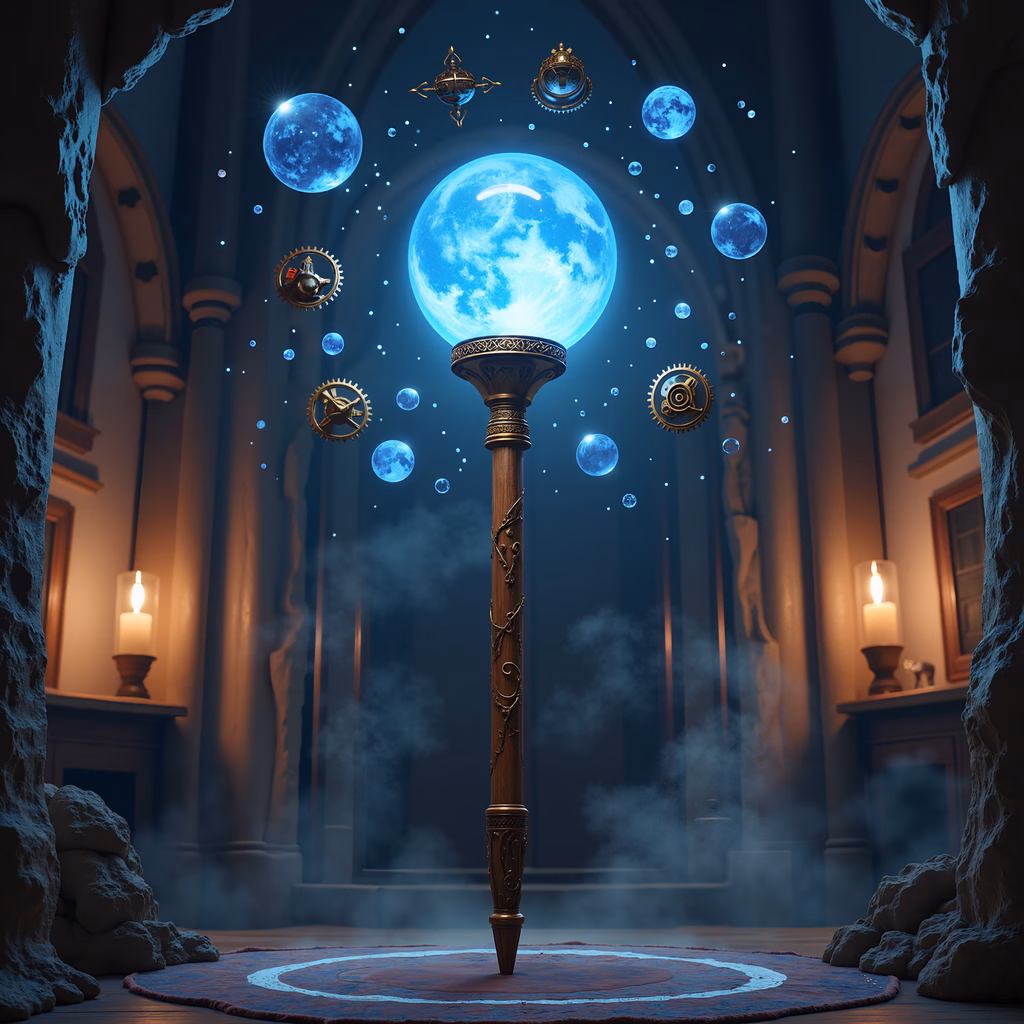A mystical moonlit scene within a grand cathedral, blending celestial and earthly elements.