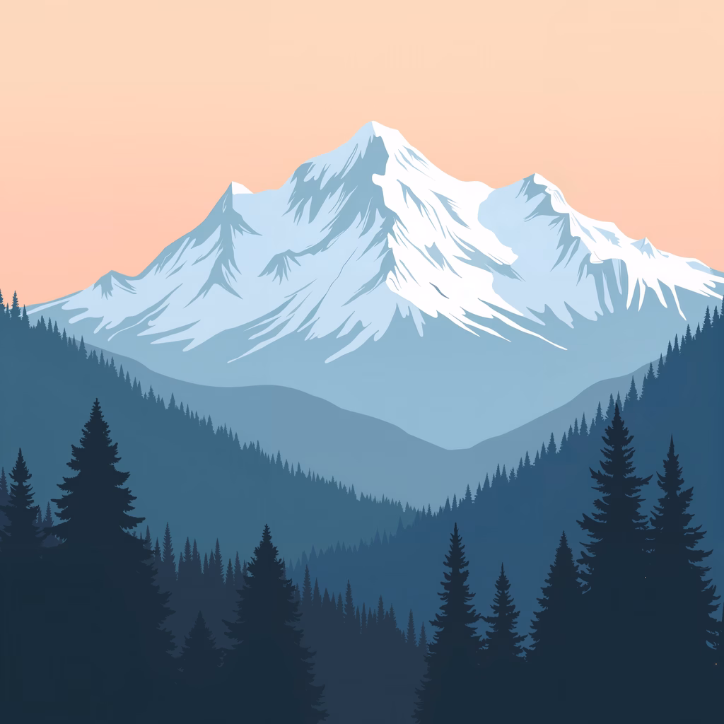 A tranquil mountain landscape with dramatic lighting and deep forest silhouettes.