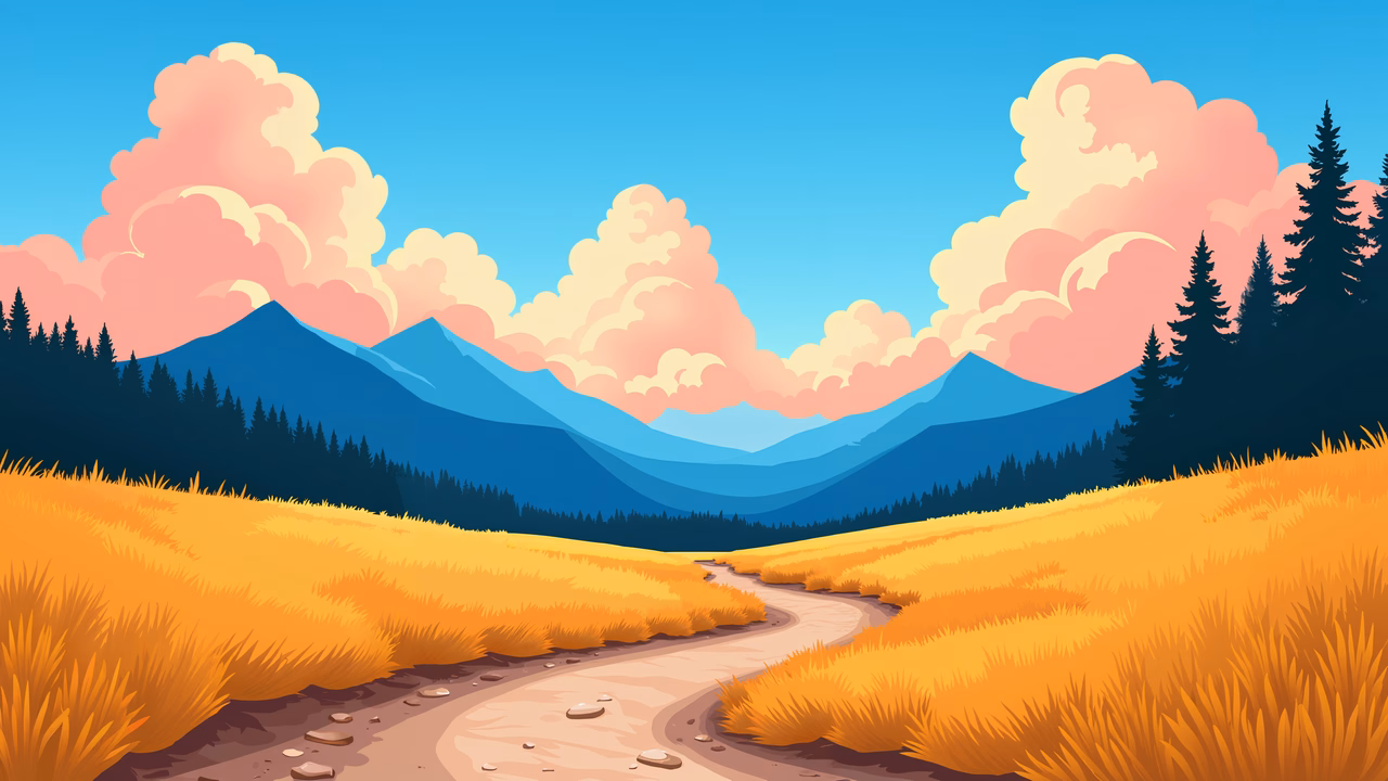 A peaceful mountain path surrounded by golden fields and soft pastel clouds.