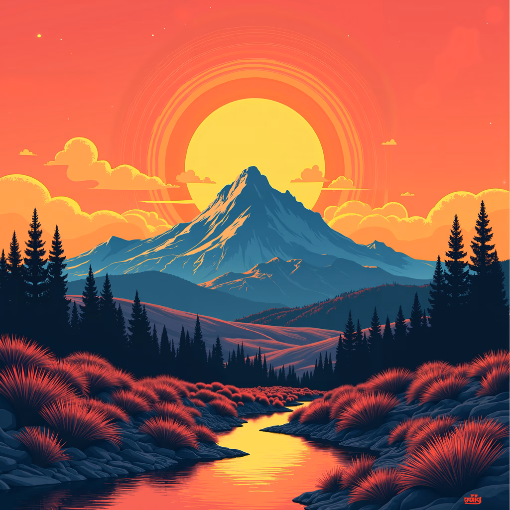 A tranquil mountain sunset scene with vibrant colors and detailed landscapes.