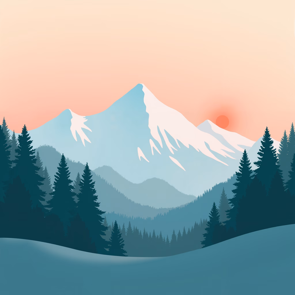 A tranquil mountain sunset scene with evergreen trees and snow-capped peaks.